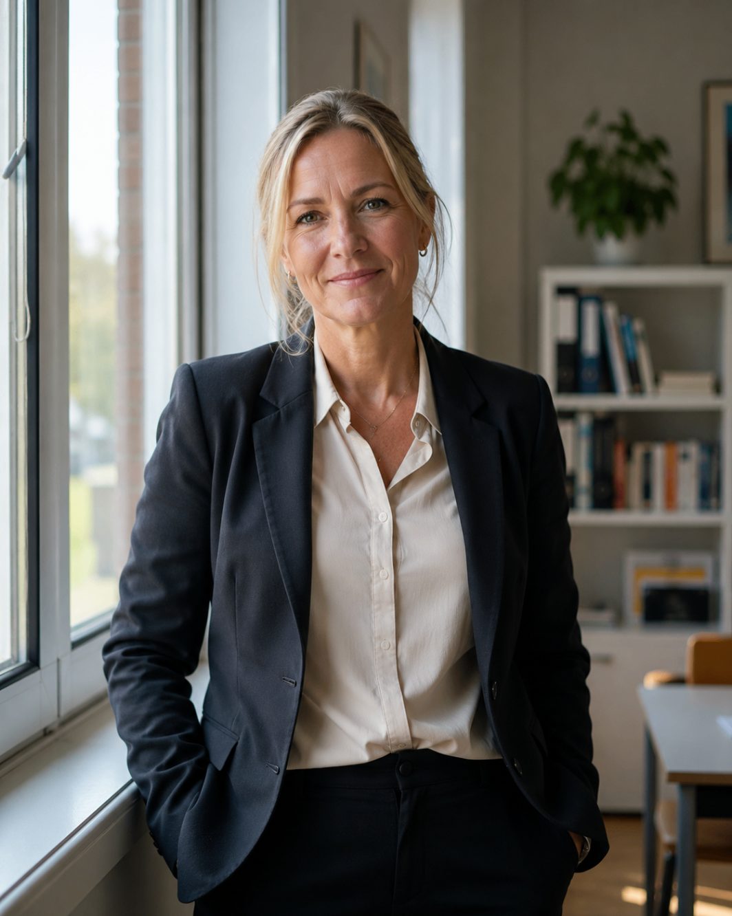 En rektor vid ett fönster i eftermiddagsljus.