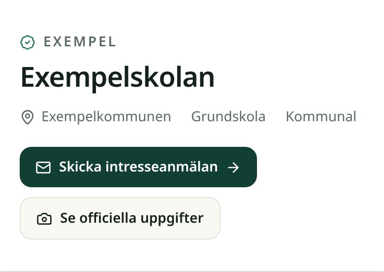 Exempelprofilen i Basic: skolans namn, faktarad om kommun och skolform, och knapparna för intresseanmälan och officiella uppgifter