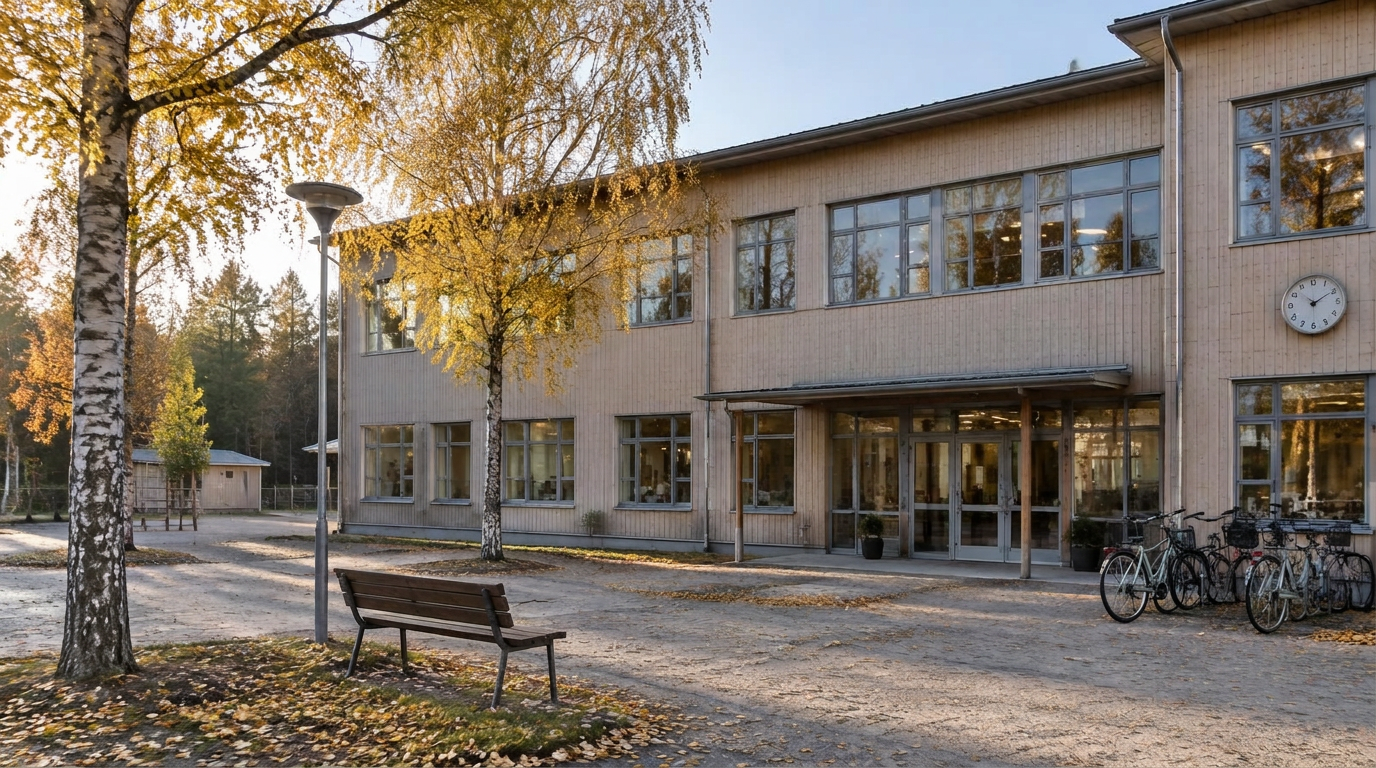 Exempelskolans skolgård en höstmorgon (framtagen bild, skolan finns inte) Exempelskolans skolgård en höstmorgon (framtagen bild, skolan finns inte)
