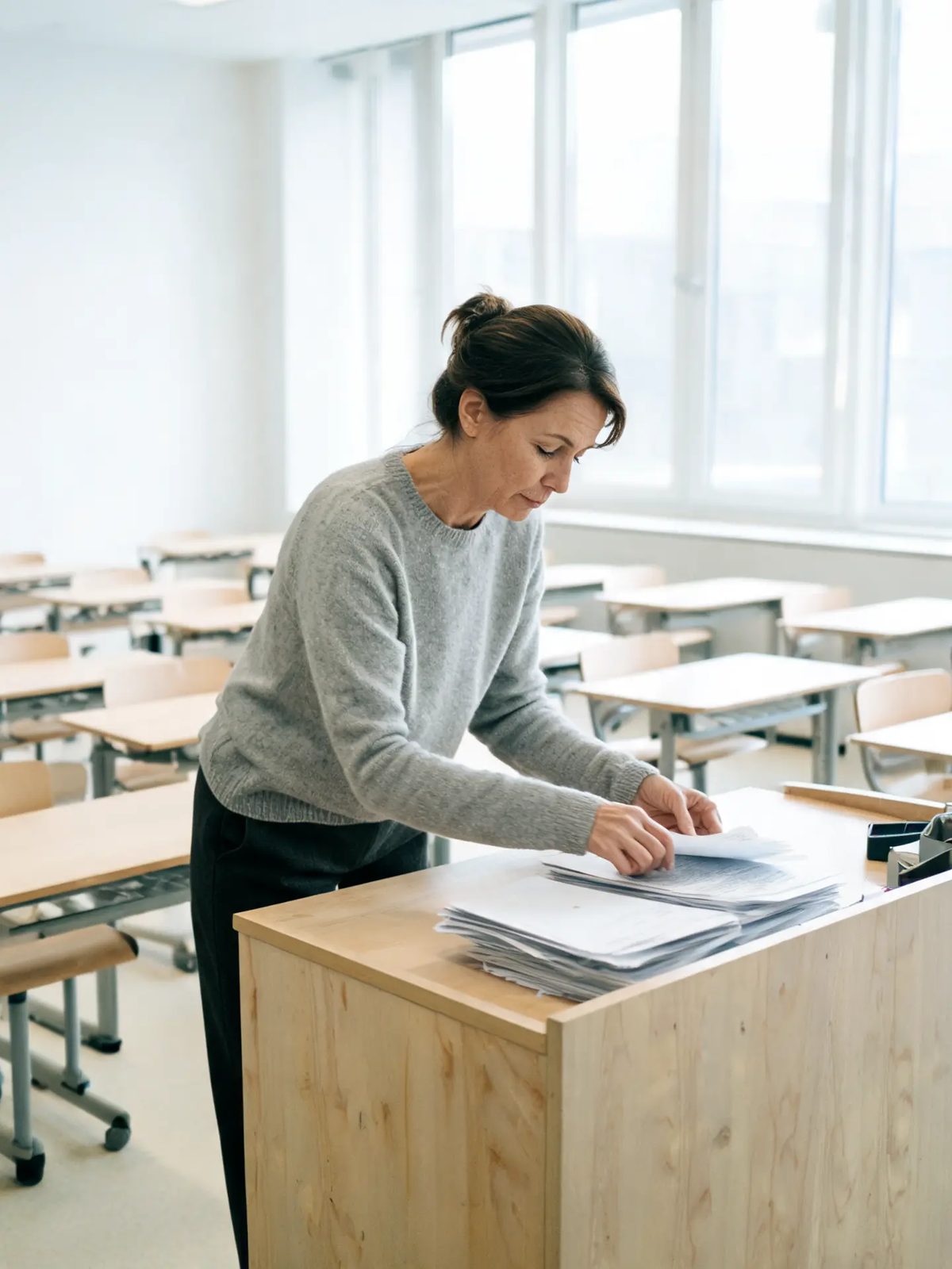 Lärare böjer sig ner och hjälper en elev vid bänken