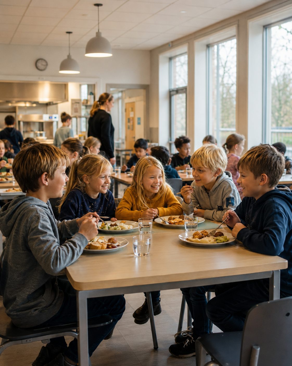 Barn sitter tillsammans vid ett bord i skolans matsal och pratar över lunchen
