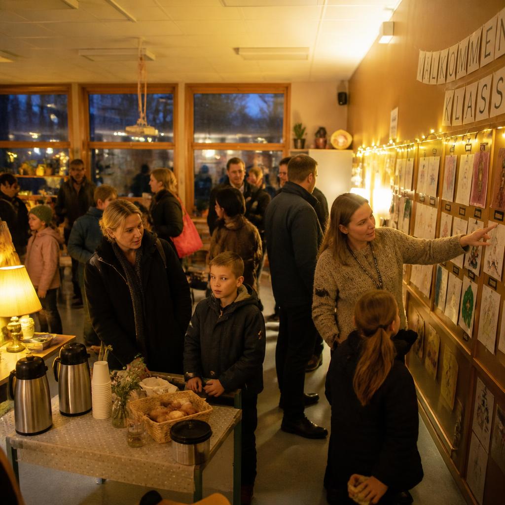 Familj besöker en skola på öppet hus, rektor visar klassrum