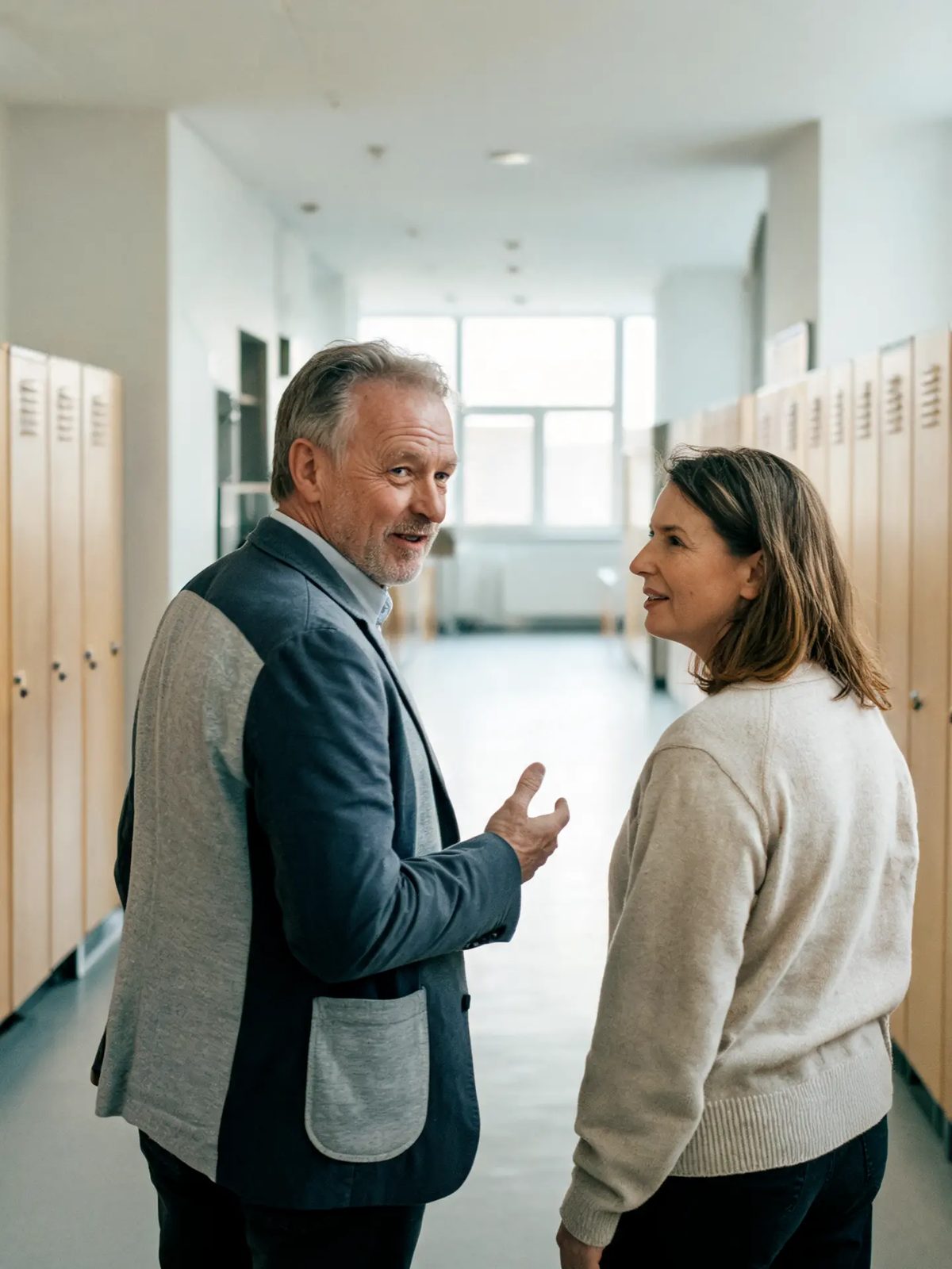 Rektor Anna hälsar på en elev i korridoren